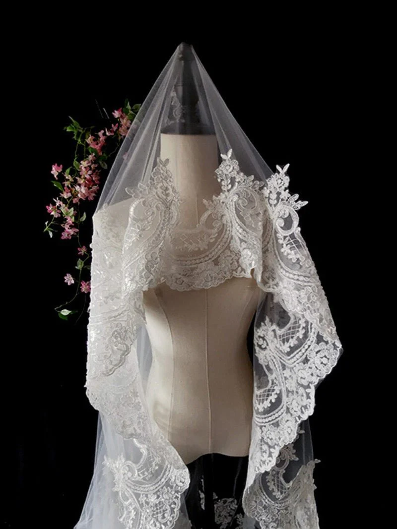 Lace Edged Veil For Vintage Bridal - Cathedral Length