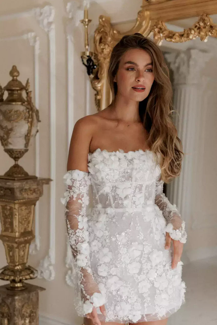 Corset Bodice Wedding Dress with 3D Floral Lace and Detachable Sleeves – Short Bridal Wedding Dress - Floral Wedding Dress Plus Size - Image 10