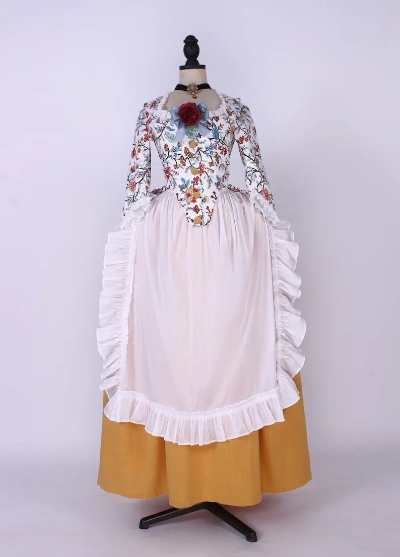 Cream and Yellow Baroque Print Victorian Ball Gown - Floral Sleeve Rococo Dress Plus Size - Image 2