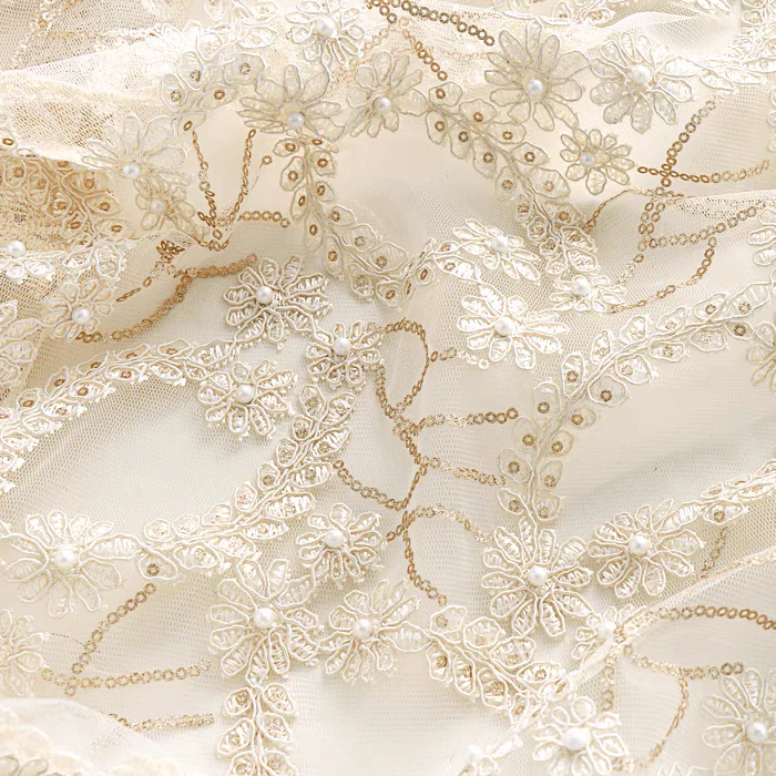 Cream Embroidered Floral Tulle Fabric with Pearls