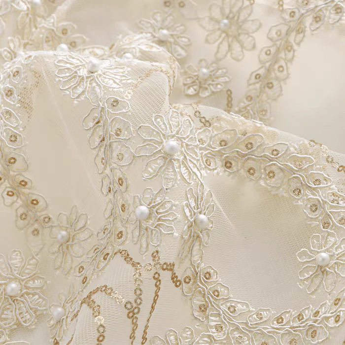 Cream Embroidered Floral Tulle Fabric with Pearls - Image 2