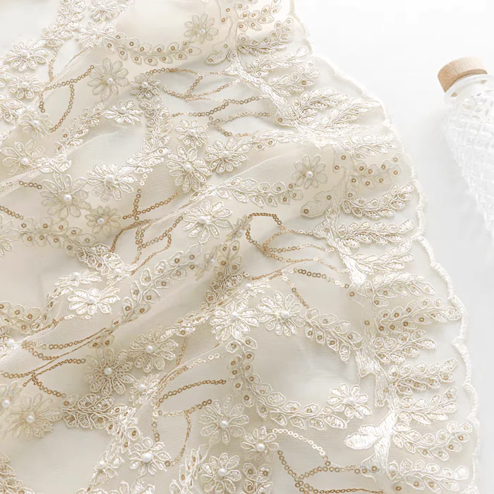 Cream Embroidered Floral Tulle Fabric with Pearls - Image 3
