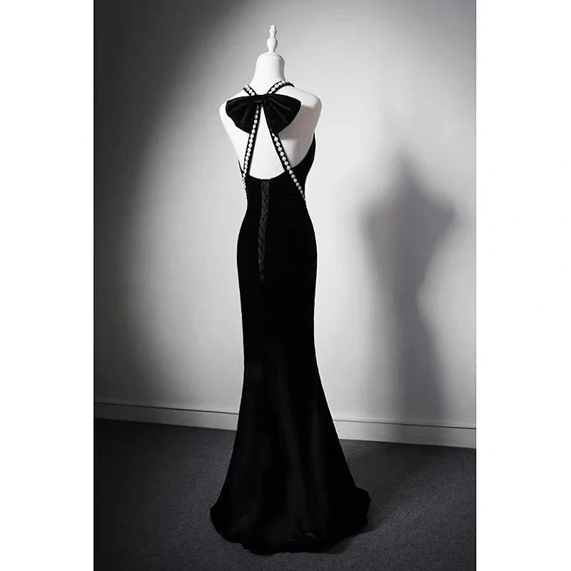 Crystal Black Velvet High-neck Sleeveless Mermaid Formal Dress With Bow Tie - Plus Size - Image 3