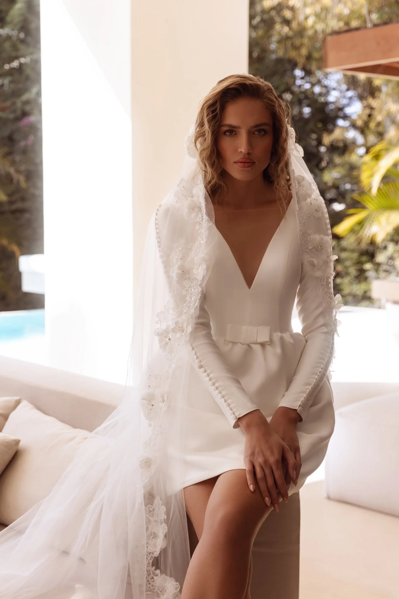 Short Wedding Dress with Dramatic Lace Veil and Floor-Length Train - Plus Size-Darcy - Image 2