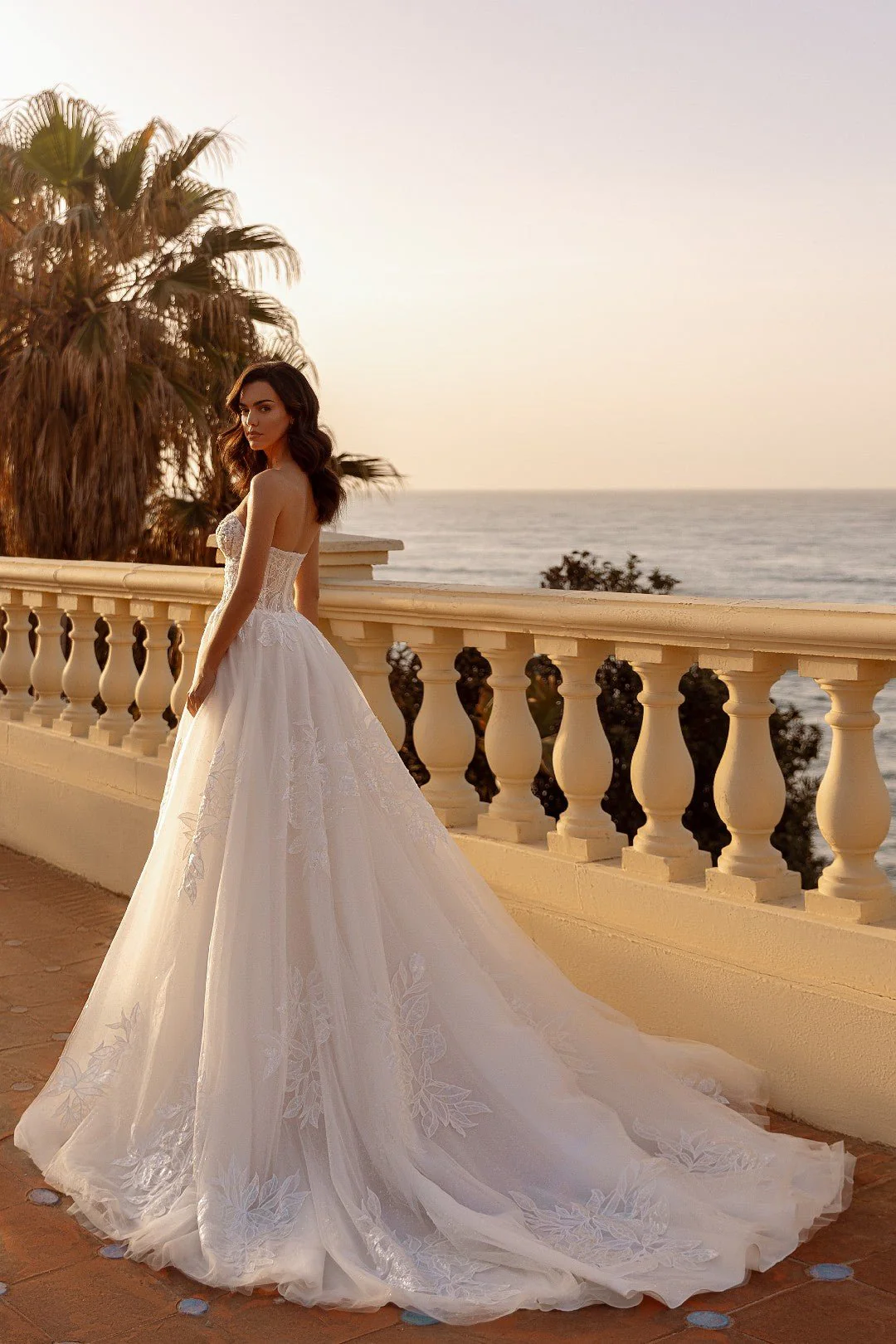 White Strapless Ball Gown Wedding Dress with Large Leaf Lace and Flowing Train - Plus Size-Dayan - Image 3
