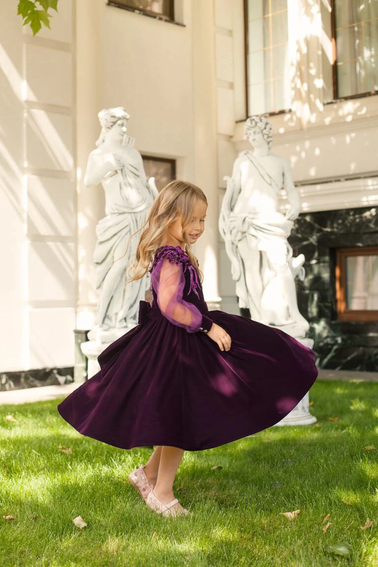 Deep Purple Velvet Plus Size Girl’s Dress – Jasmine Elegant Midi Party Gown with Tulle Sleeves and 3D Floral Appliqués for Special Occasions - Image 2