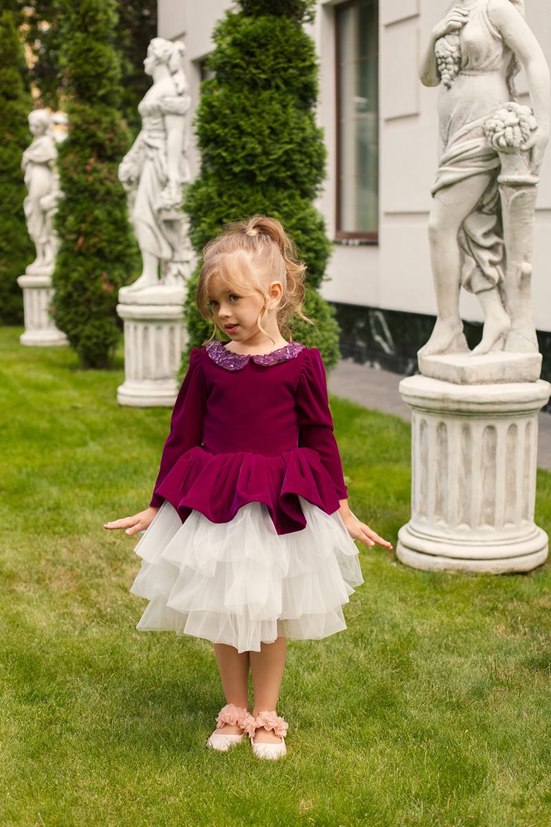 Deep Purple Velvet Plus Size Toddler Girl’s Dress – Nancy Long Sleeve Party Gown with White Ruffle Skirt and Beaded Collar for Special Occasions - Image 2