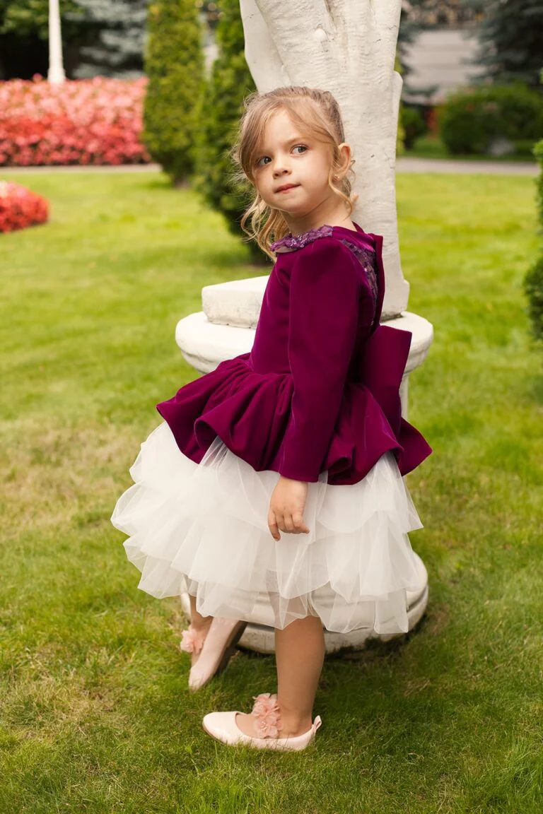 Deep Purple Velvet Plus Size Toddler Girl’s Dress – Nancy Long Sleeve Party Gown with White Ruffle Skirt and Beaded Collar for Special Occasions - Image 3