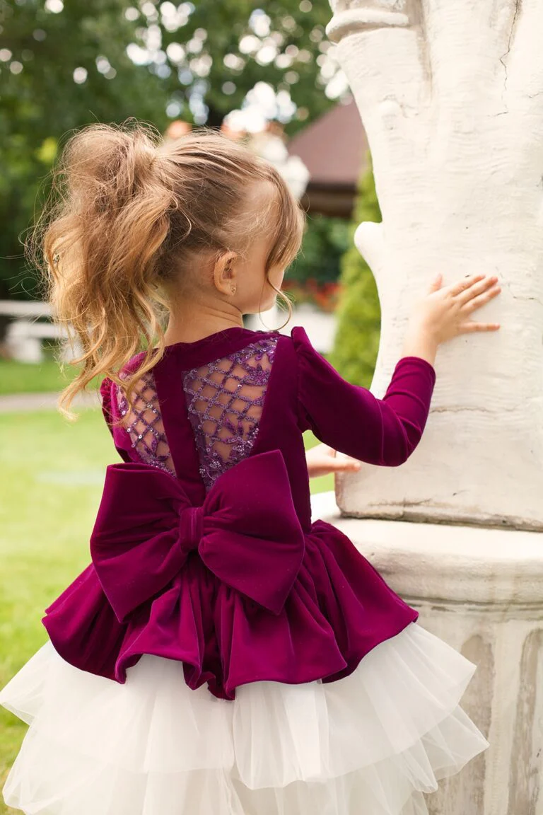 Deep Purple Velvet Plus Size Toddler Girl’s Dress – Nancy Long Sleeve Party Gown with White Ruffle Skirt and Beaded Collar for Special Occasions - Image 4