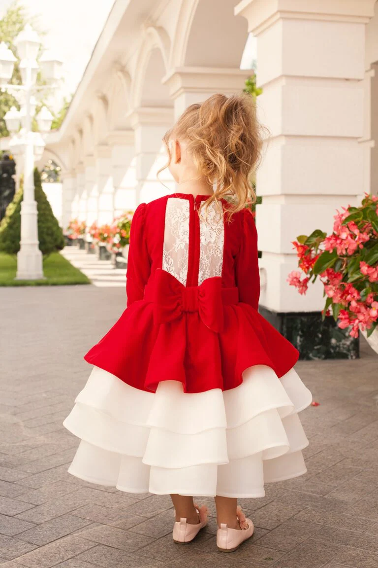Deep Red Velvet Plus Size Girl’s Dress – Ellie Long Sleeve Party Gown with White Chantilly Lace and Floral Belt for Special Occasions - Image 3