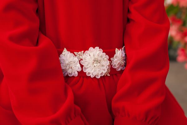 Deep Red Velvet Plus Size Girl’s Dress – Ellie Long Sleeve Party Gown with White Chantilly Lace and Floral Belt for Special Occasions - Image 4