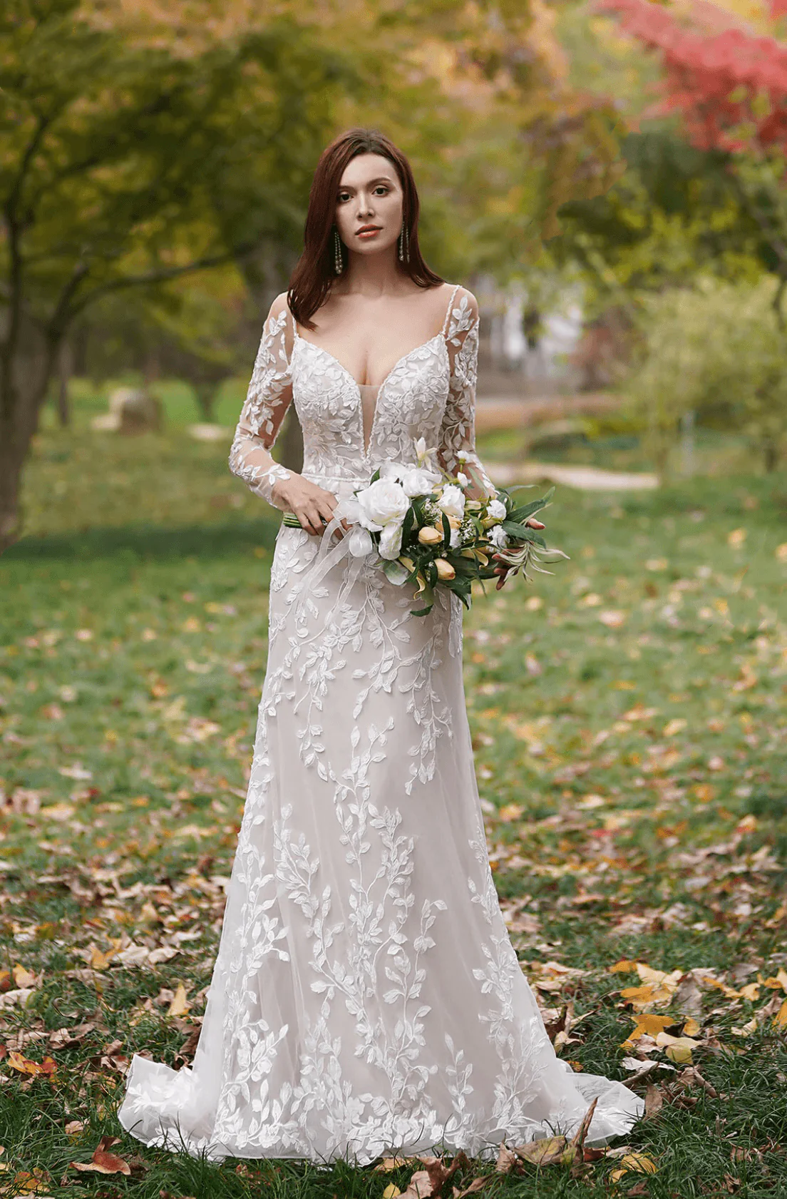 Delicate 3D Lace Embroidery Hand Beaded Straps Gown With V-Neck Sleeves - Plus Size