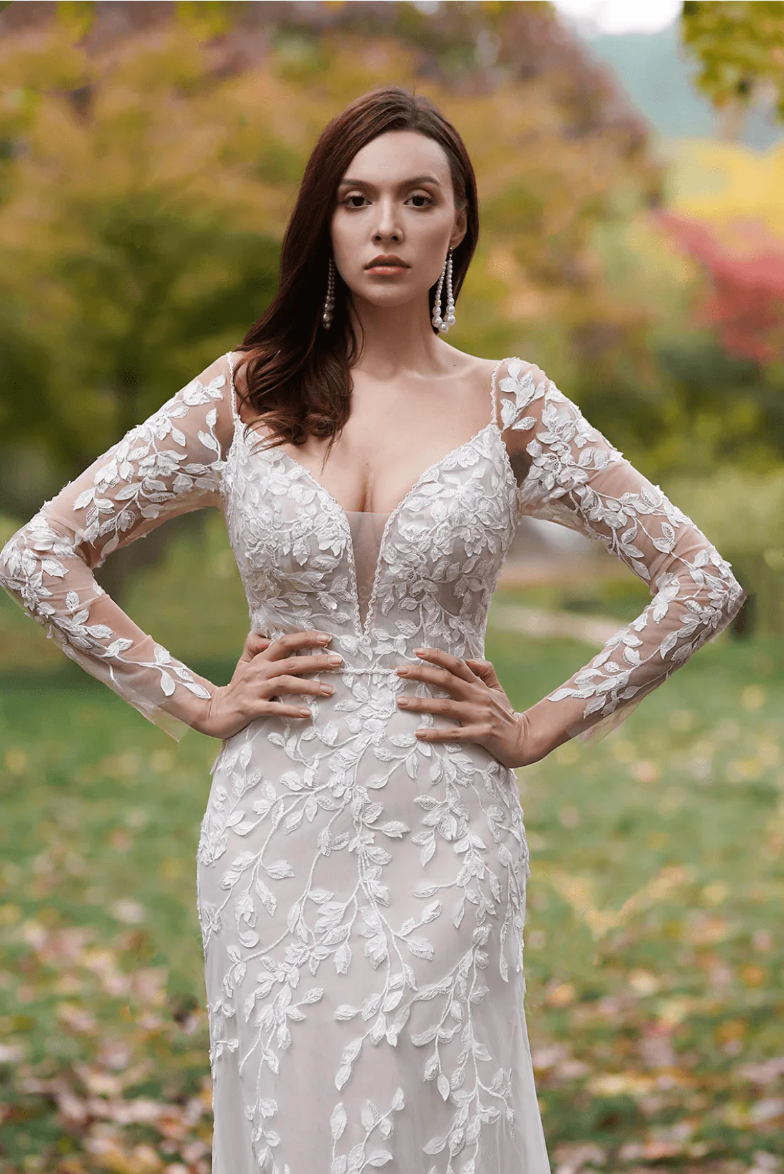 Delicate 3D Lace Embroidery Hand Beaded Straps Gown With V-Neck Sleeves - Plus Size - Image 3