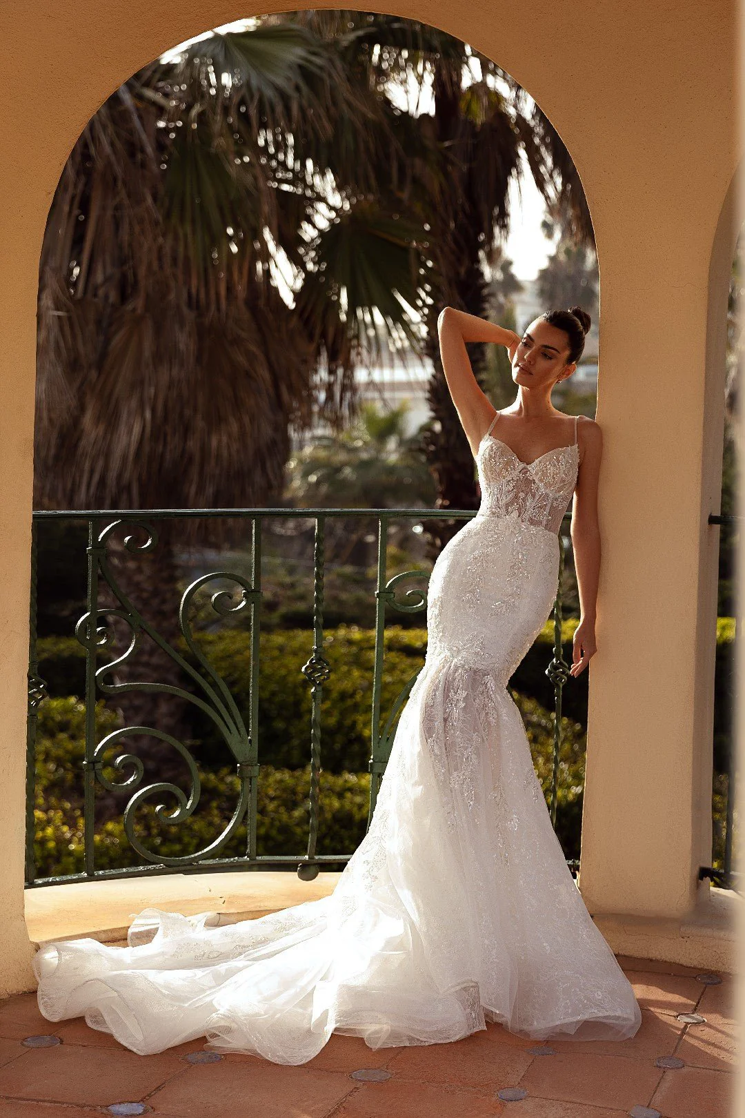 White Mermaid Spaghetti Strap Wedding Dress with Glistening Floral Patterns - Plus Size-Domenica