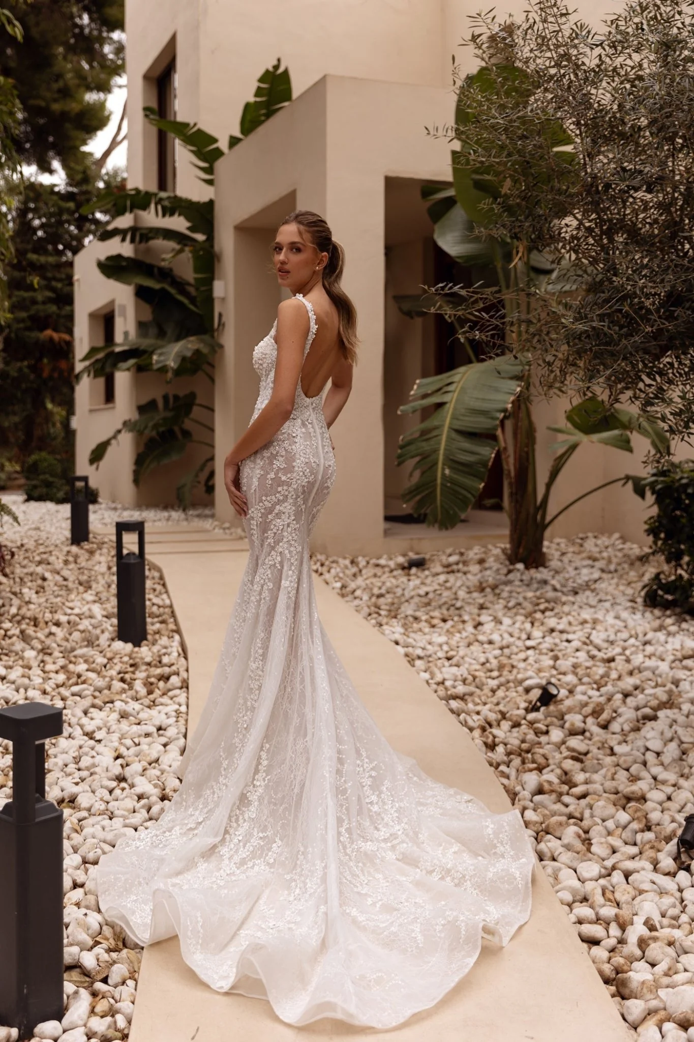White Lace Sheath Wedding Dress with Spaghetti Straps and Floor-Length Train - Plus Size-Donovan - Image 5