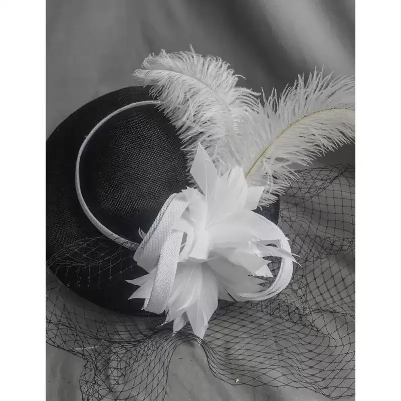 Dramatic Black Fascinator Hat with Feather - Black Bowler Hat with Feathers and Veil - Image 2