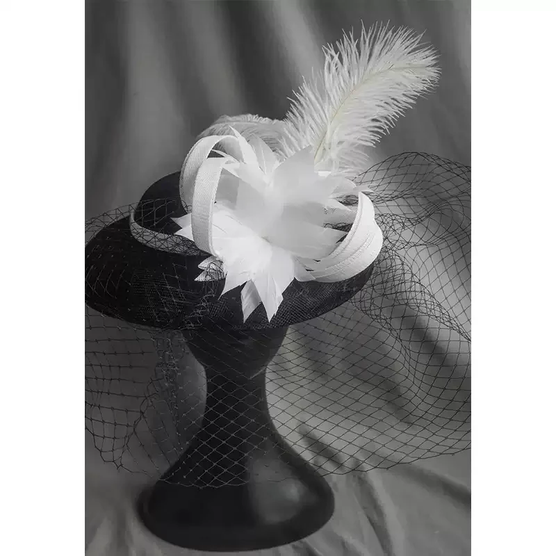 Dramatic Black Fascinator Hat with Feather - Black Bowler Hat with Feathers and Veil - Image 3