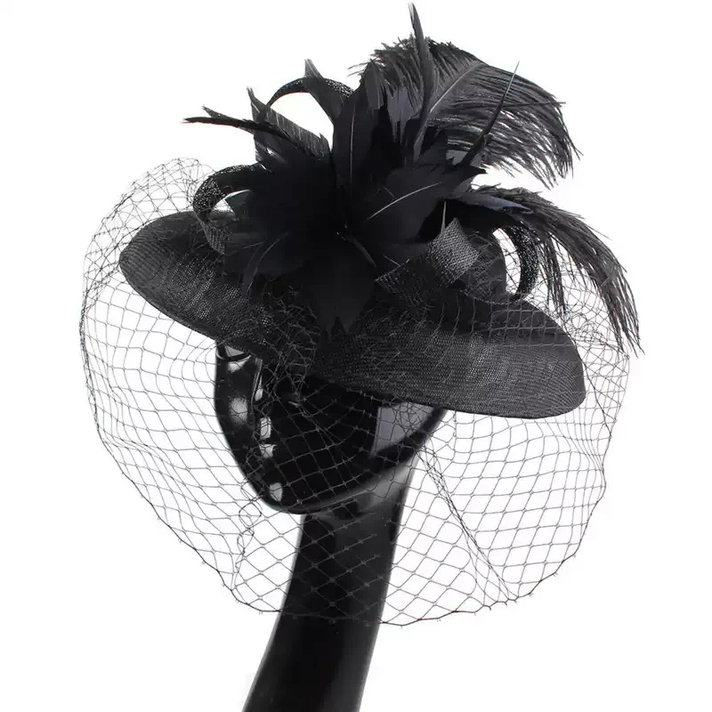 Dramatic Black Fascinator Hat with Feather - Black Bowler Hat with Feathers and Veil - Image 4