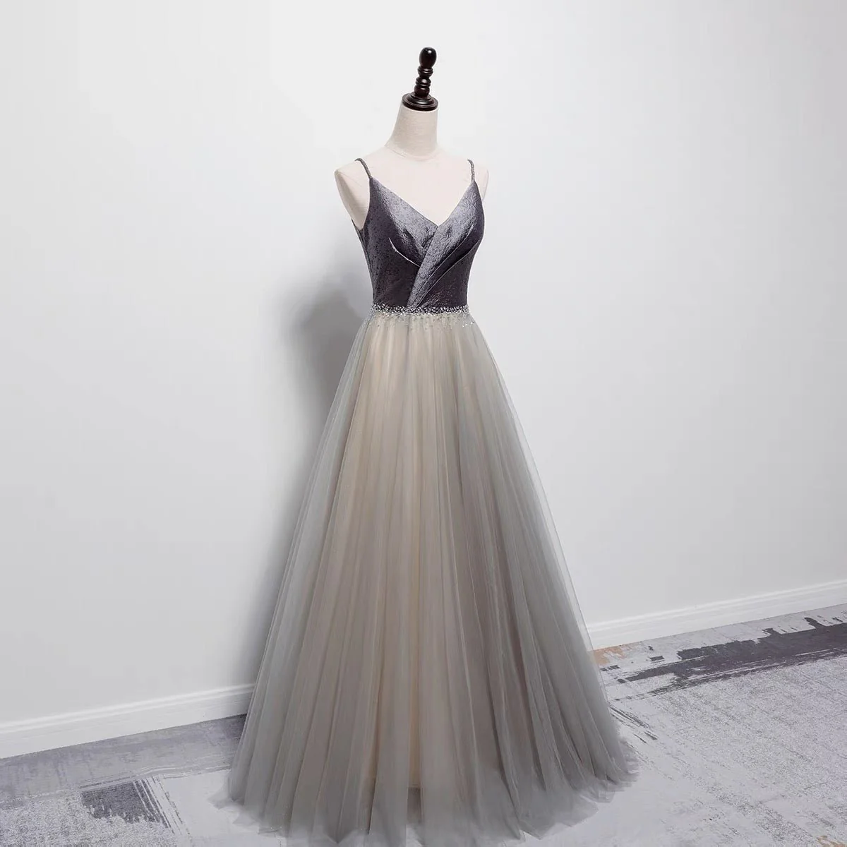 Grey Embellished Satin Formal Dress With Gauze - Spaghetti Straps Prom Dress - Image 2