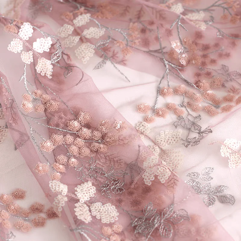 Dusty Pink Embroidered Floral Sequin Tulle Fabric