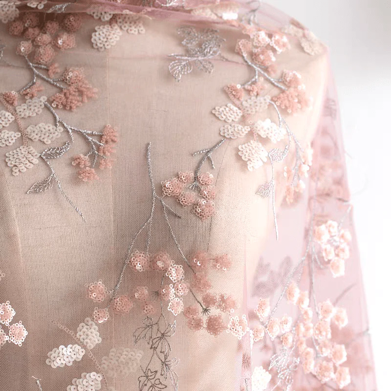 Dusty Pink Embroidered Floral Sequin Tulle Fabric - Image 2