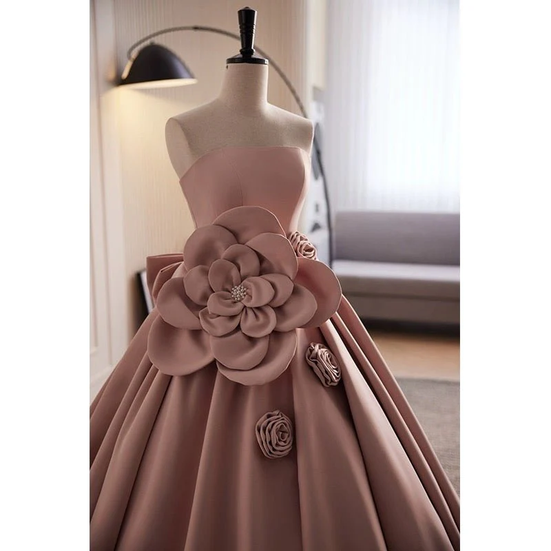 Dusty Pink Evening Dress with Bow - Satin Ball Gown with Floral Embellishments Plus Size - Image 4