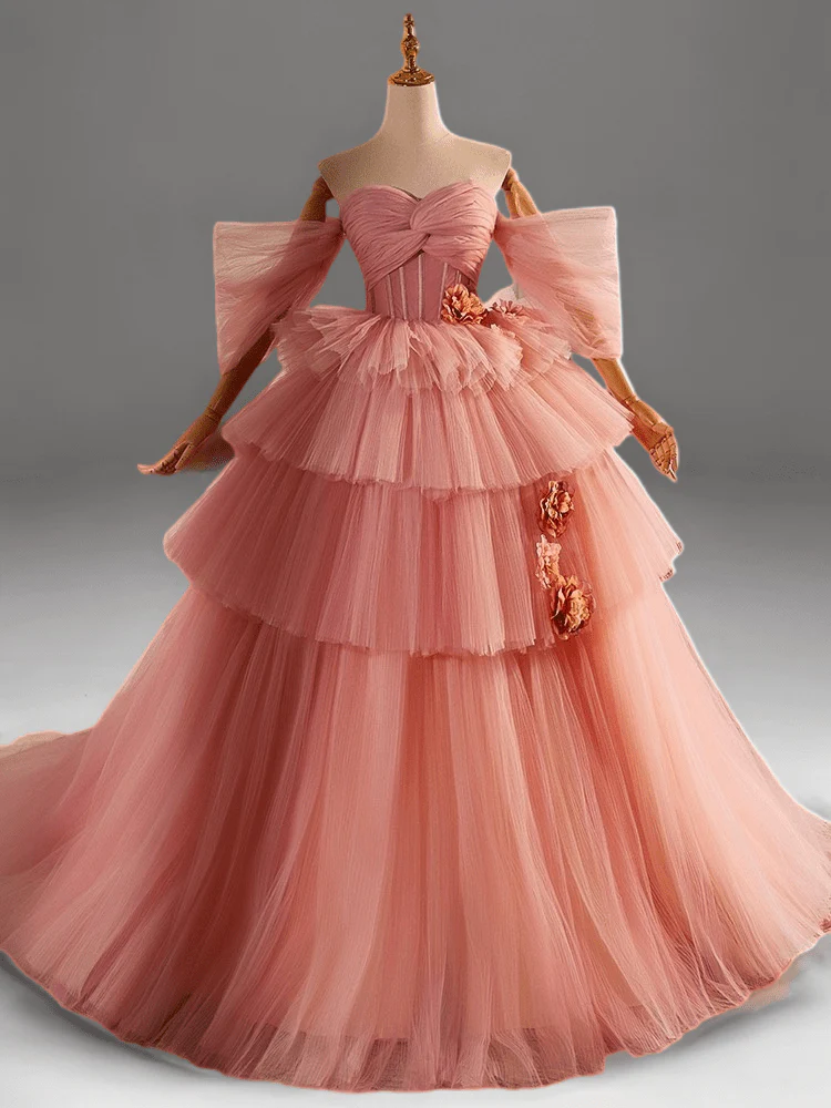 Dusty Pink Tulle Evening Dress with Delicate Floral Appliqué - Pink Tulle Party Dress Plus Size