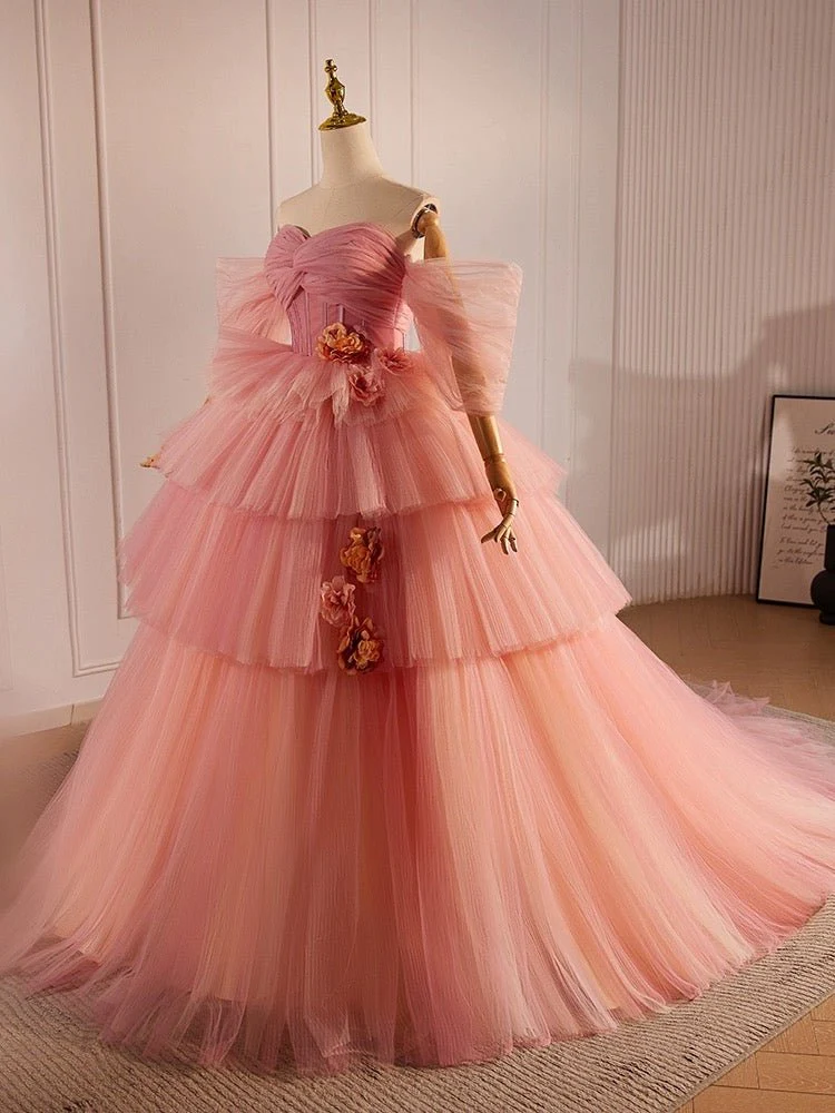 Dusty Pink Tulle Evening Dress with Delicate Floral Appliqué - Pink Tulle Party Dress Plus Size - Image 2
