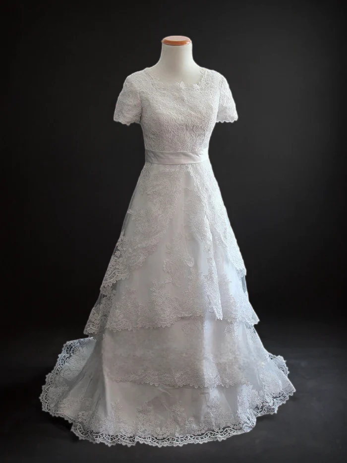 Vintage Lace Ready-to-Wear Modest Lace Wedding Dress with Short Sleeves Plus Size - Image 3