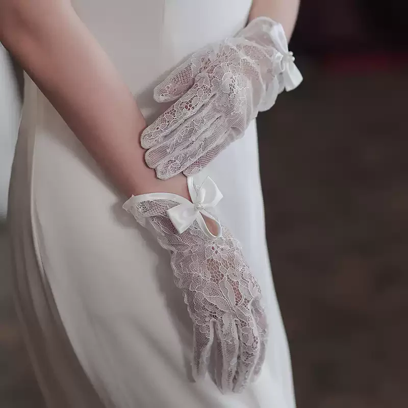 Elegance White Floral Lace Bridal Gloves with Satin Bow - Image 2