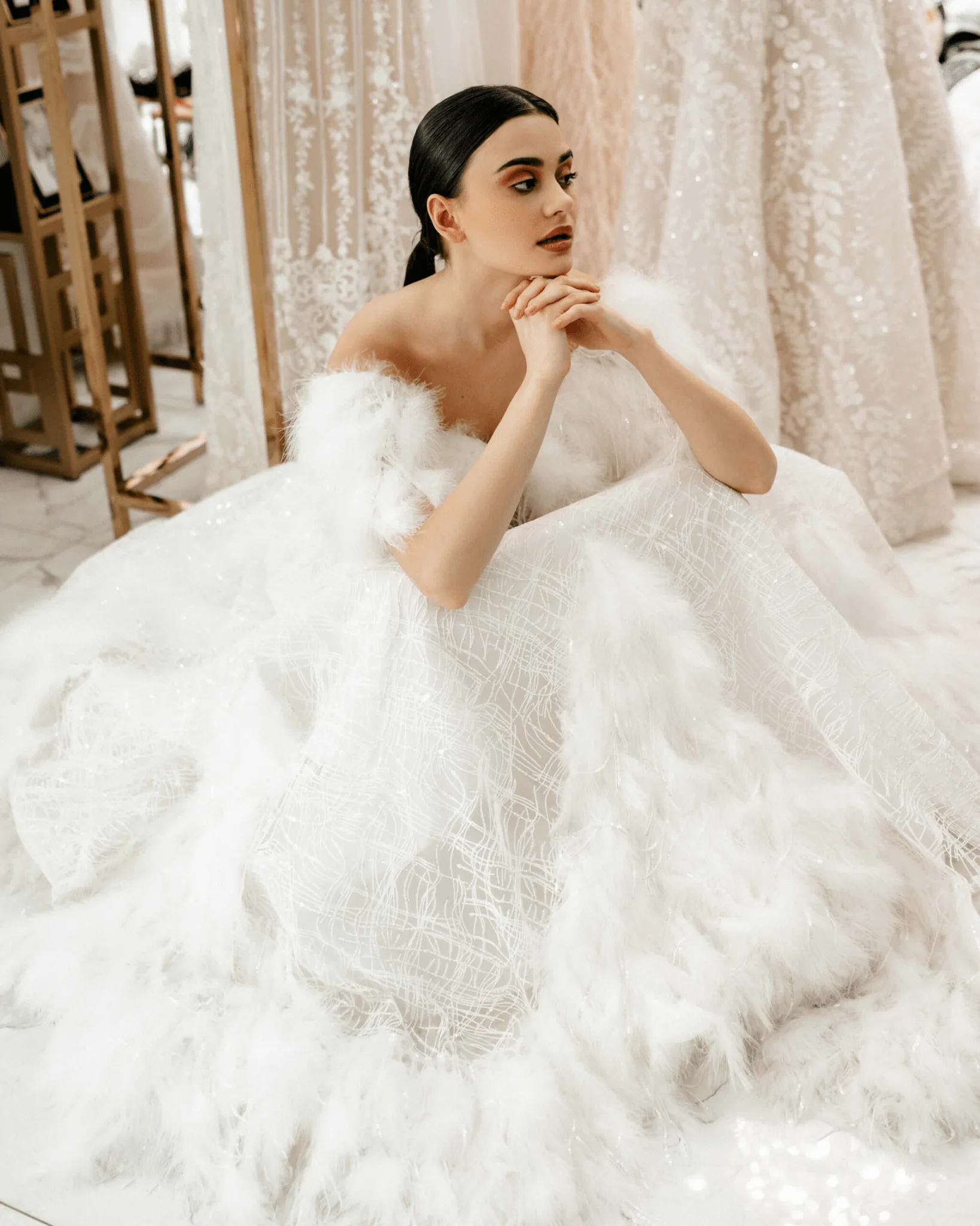 Elegant Aline Ball Gown Wedding Dress - Sequin and Feather Dress - Off Shoulder Wedding Gown Plus Size - KENDALL - Image 8