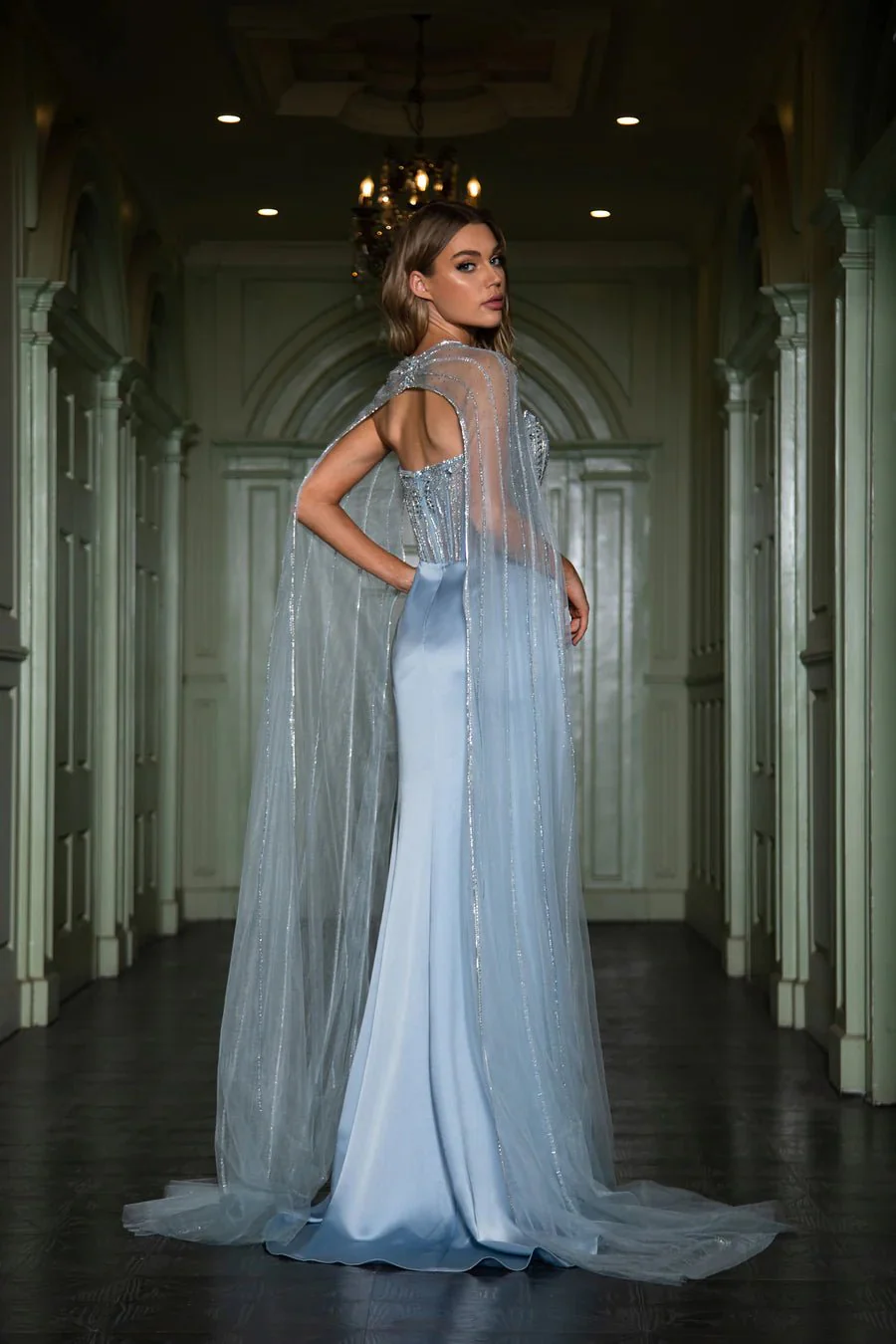 Elegant Baby Blue Satin Evening Gown with Cape Sleeves - Designer Sequin Dress and Pretty Sequin Dress with High Slit Plus Size - Image 2