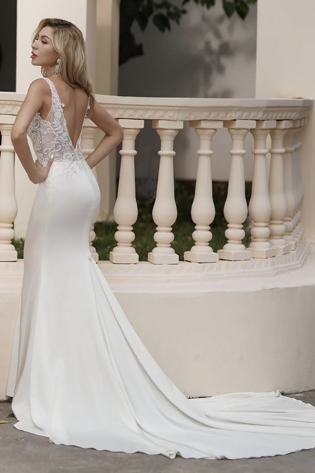 Elegant Beaded Lace Light Ivory V-Neck Embroidery Satin Mermaid Wedding Dress - Plus Size - Image 3