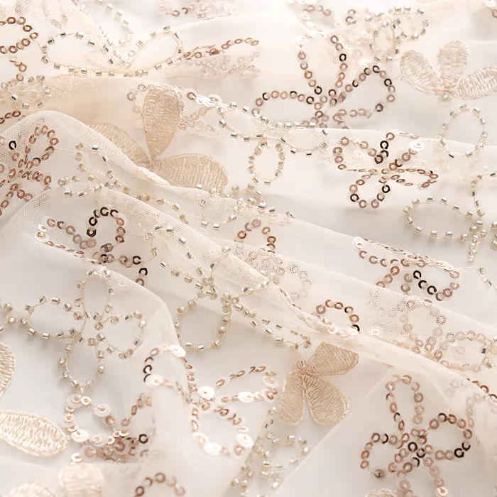 Elegant Beigi Embroidered Tulle Fabric with Sequins