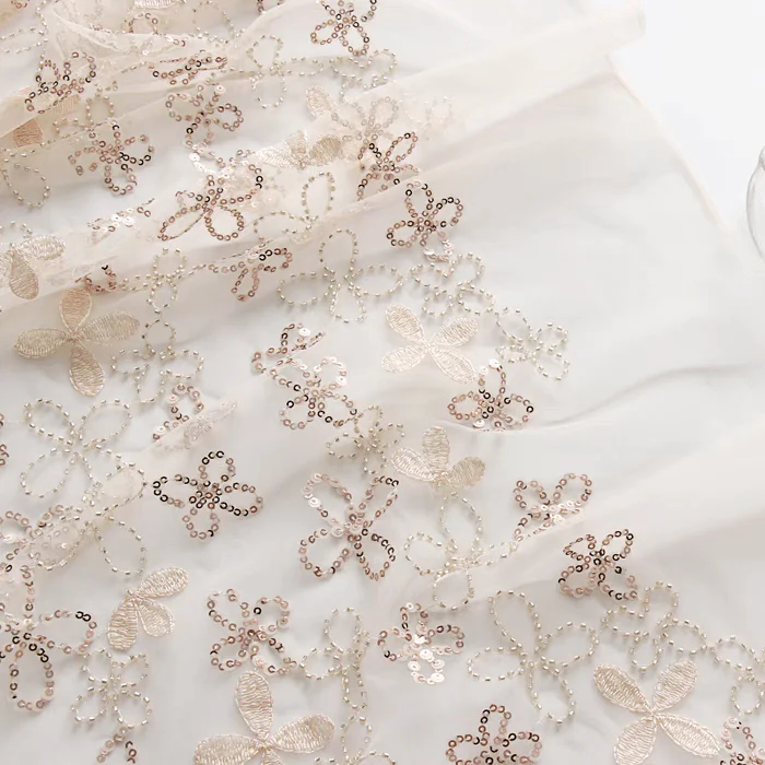 Elegant Beigi Embroidered Tulle Fabric with Sequins - Image 2