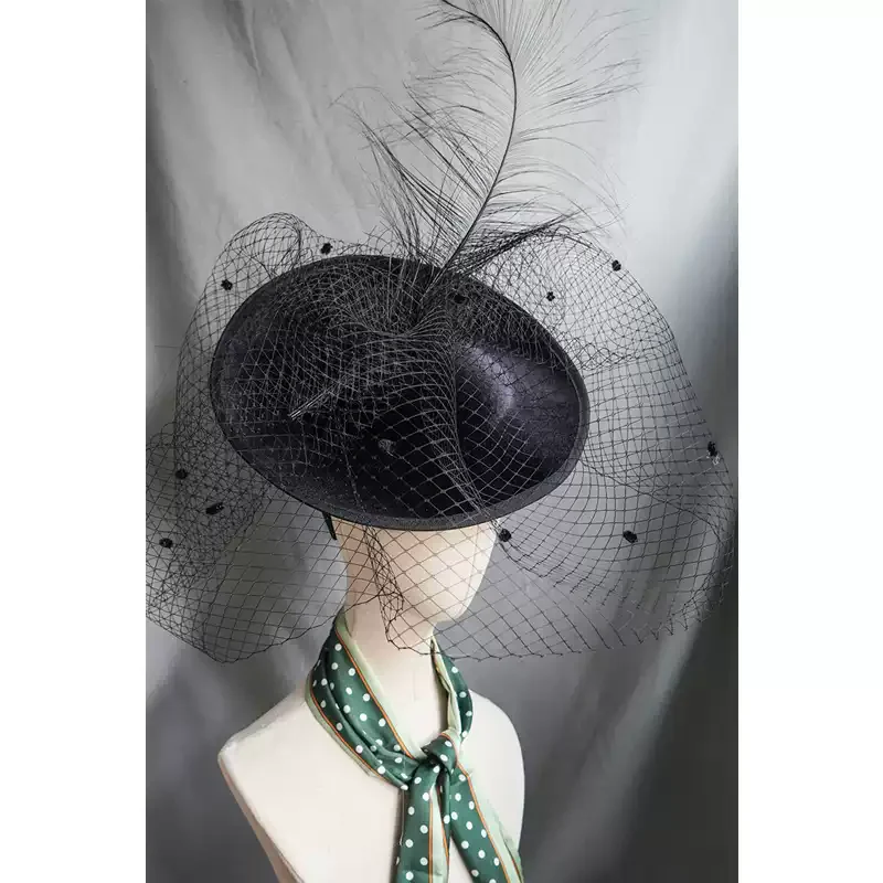 Elegant Black Fascinator with Feather - Women's Feather Hat with Veil - Image 2