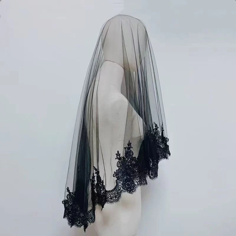 Elegant Black Lace Cathedral Veil with Exquisite Embroidery - Timeless Bridal Veil - Image 3