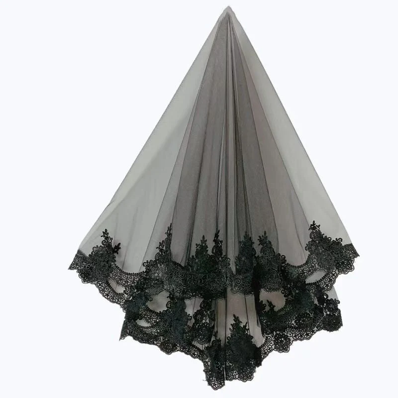 Elegant Black Lace Cathedral Veil with Exquisite Embroidery - Timeless Bridal Veil - Image 5
