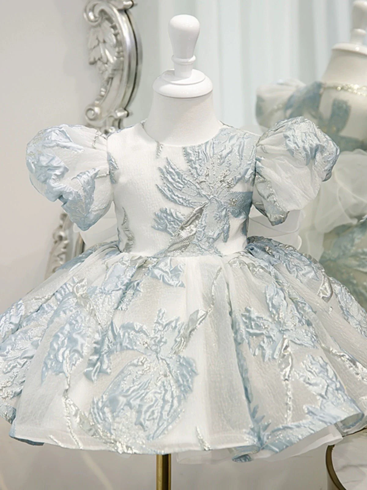 Elegant Blue and White Floral Embossed Flower Girl Dress - Plus Size