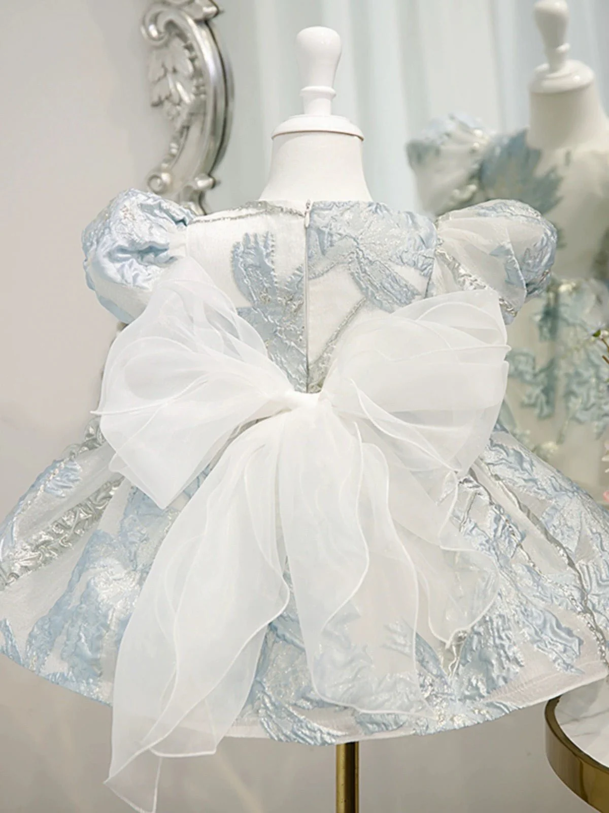 Elegant Blue and White Floral Embossed Flower Girl Dress - Plus Size - Image 3