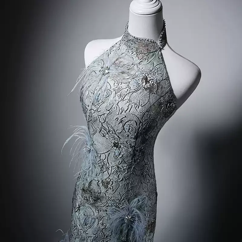 Luxury Blue Cheongsam Dress with Feather Embellishments – Blue Formal Evening Dress with Halter Neck and Beaded Detailing Plus Size - Image 4