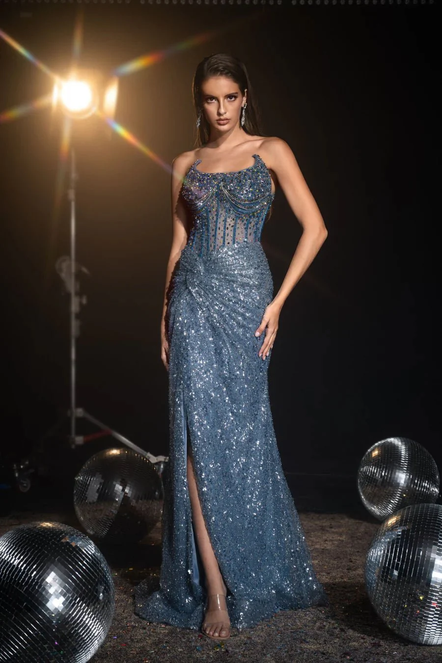 Elegant Blue Sequin Gown with Slit - Strapless Glitter Dress and Designer Sequin Gown Plus Size