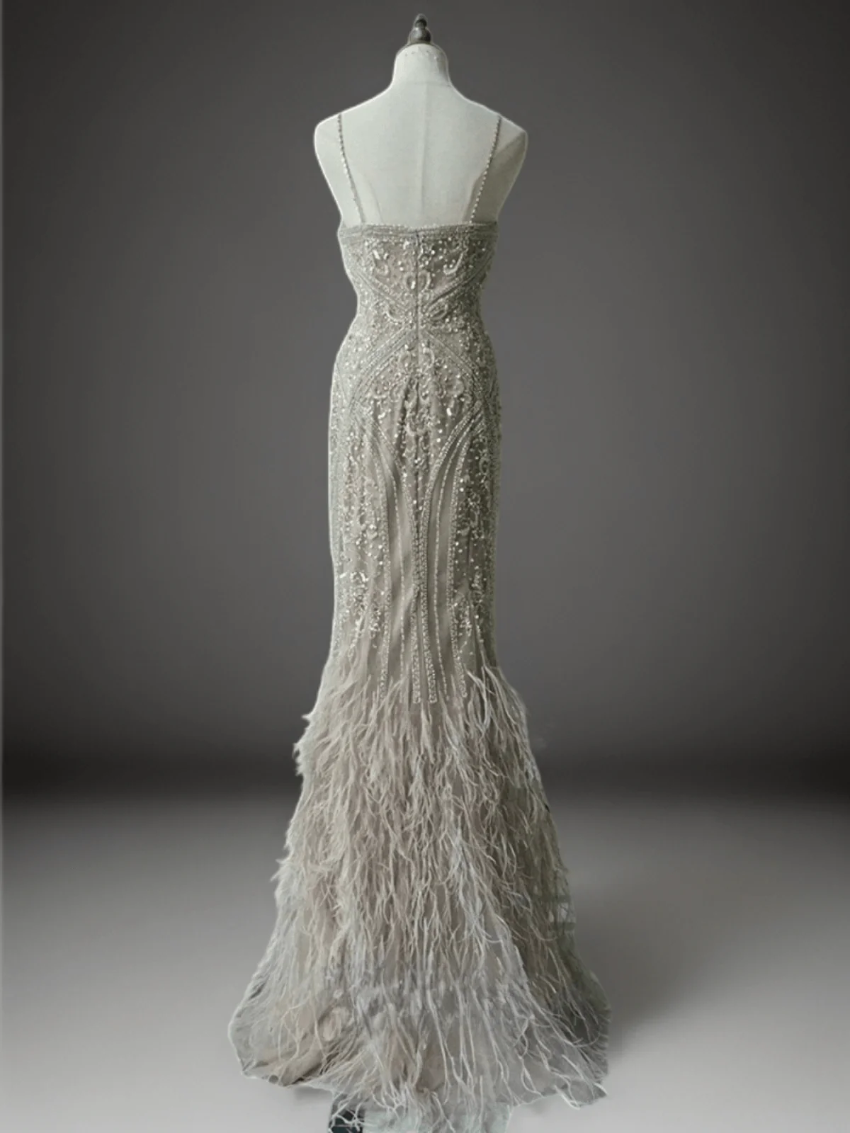 Elegant Champagne Beaded Sequin and Feather Dress - Pretty Sequin Dress - Spaghetti Strap Dress Plus Size - Image 2