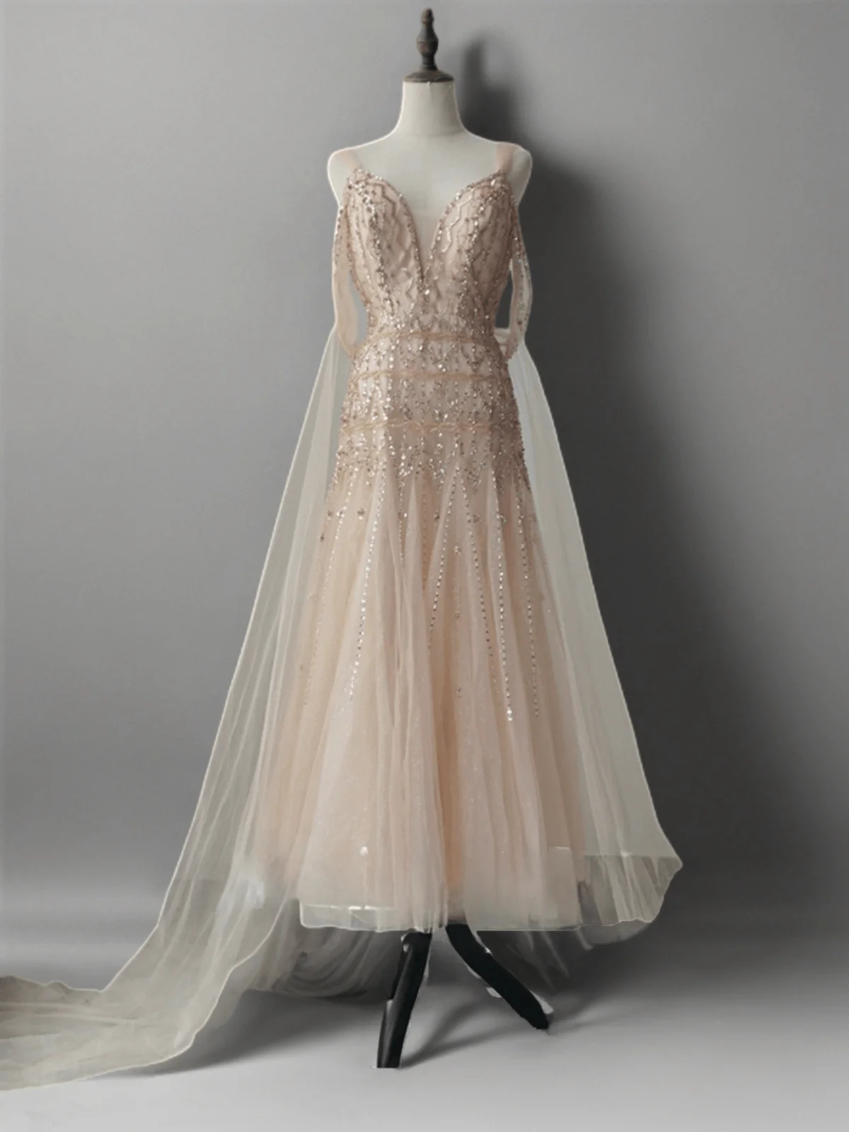 Elegant Champagne Sequin and Beaded Evening Gown with V-Neck - Pretty Tulle Dress with Dramatic Sleeves Plus Size