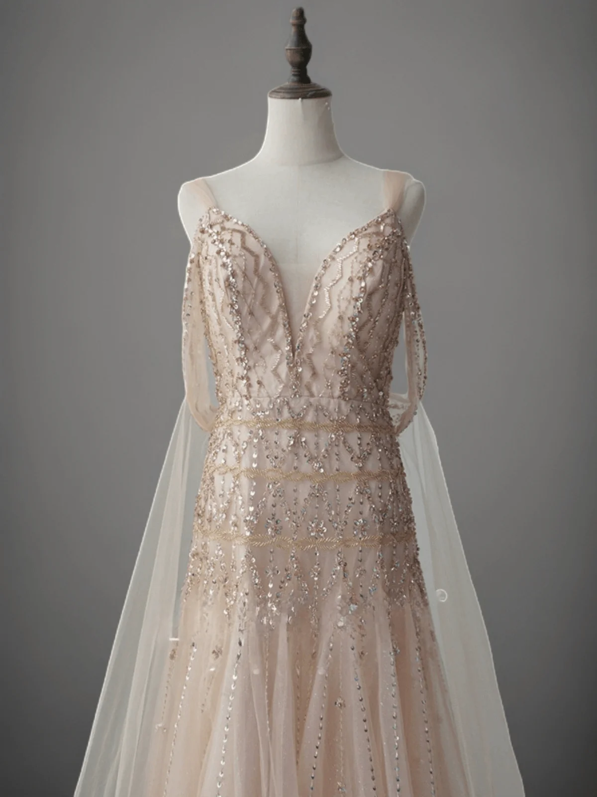 Elegant Champagne Sequin and Beaded Evening Gown with V-Neck - Pretty Tulle Dress with Dramatic Sleeves Plus Size - Image 3