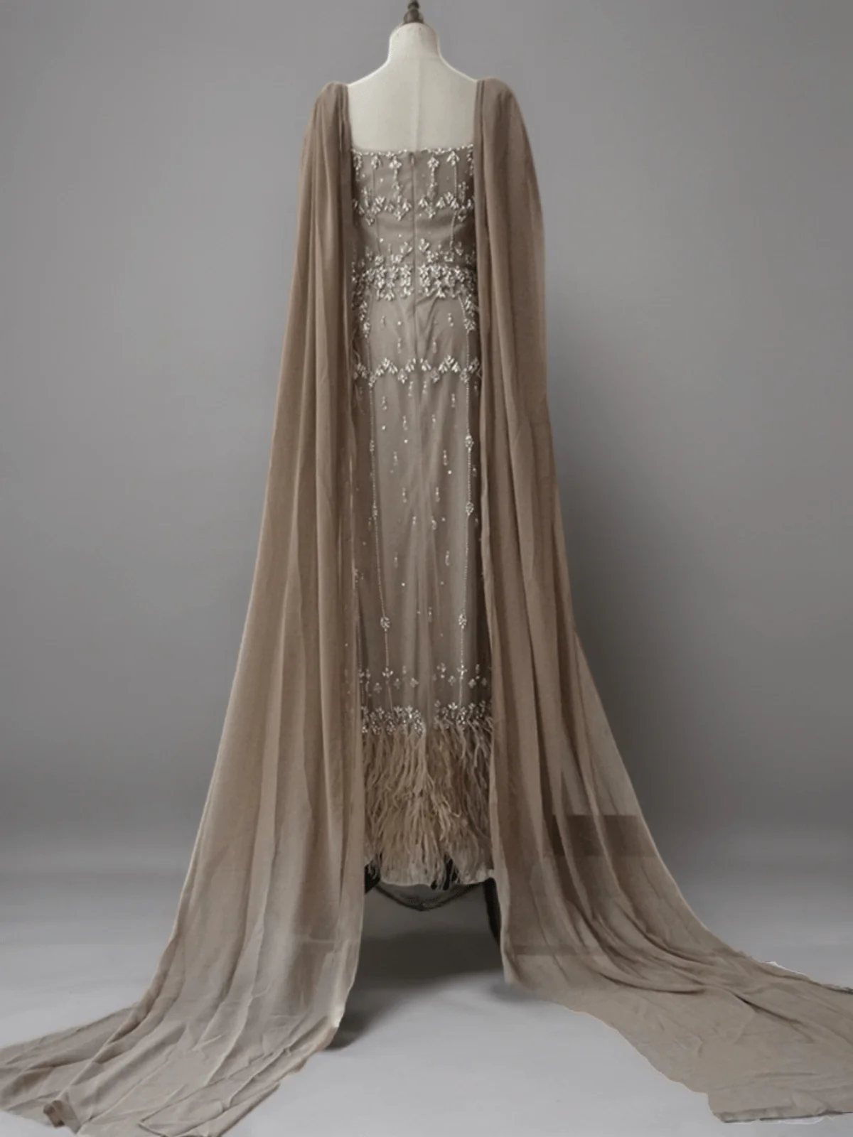 Elegant Champagne Sequin and Feather Dress - Pretty Sequin Dress and Sequin Evening Gown with Dramatic Sleeves Plus Size - Image 2