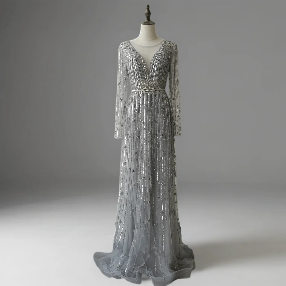 Elegant Champagne Sequin and Tulle Evening Gown - Pretty Glitter Dress with Long Sleeves Plus Size - Image 5