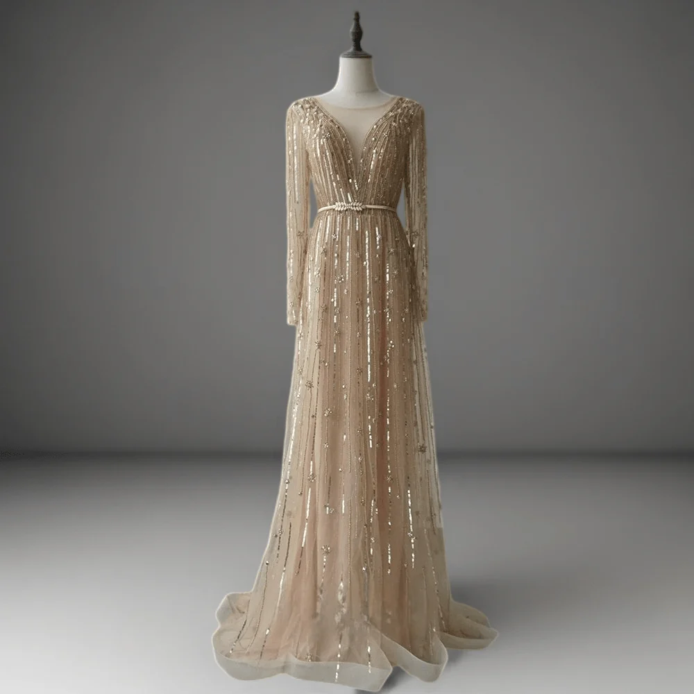 Elegant Champagne Sequin and Tulle Evening Gown - Pretty Glitter Dress with Long Sleeves Plus Size - Image 6
