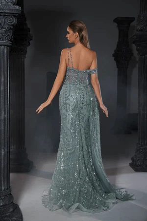 Elegant Champagne Sequin Evening Gown with Asymmetric Off-Shoulder and Draped Detail - Designer Sequin Gown and Glitter Dress Plus Size - Image 8