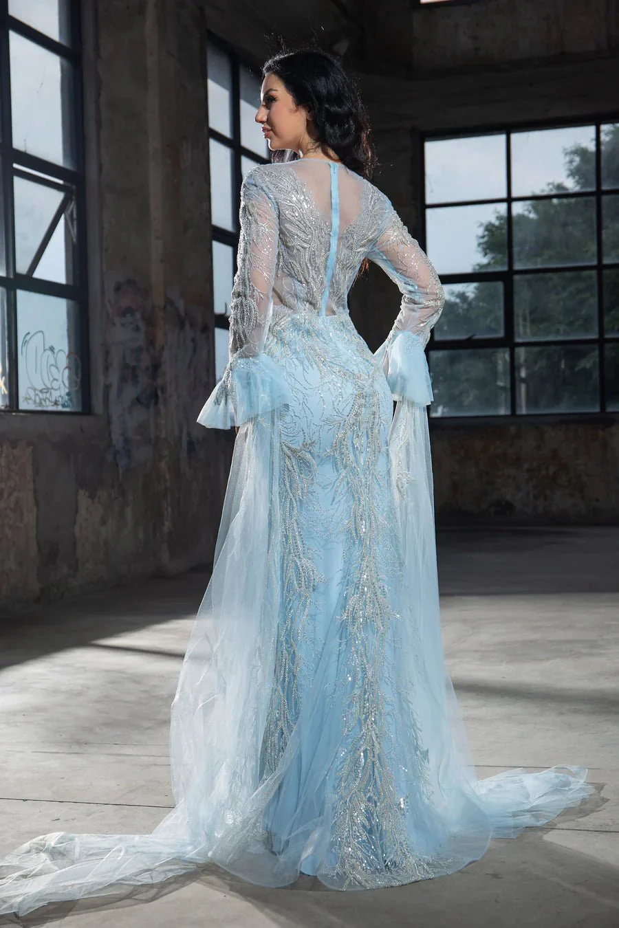 Elegant Light Blue Sequin Evening Gown with Bell Sleeves - Designer Sequin Dress and Pretty Sequin Dress Plus Size - Image 2